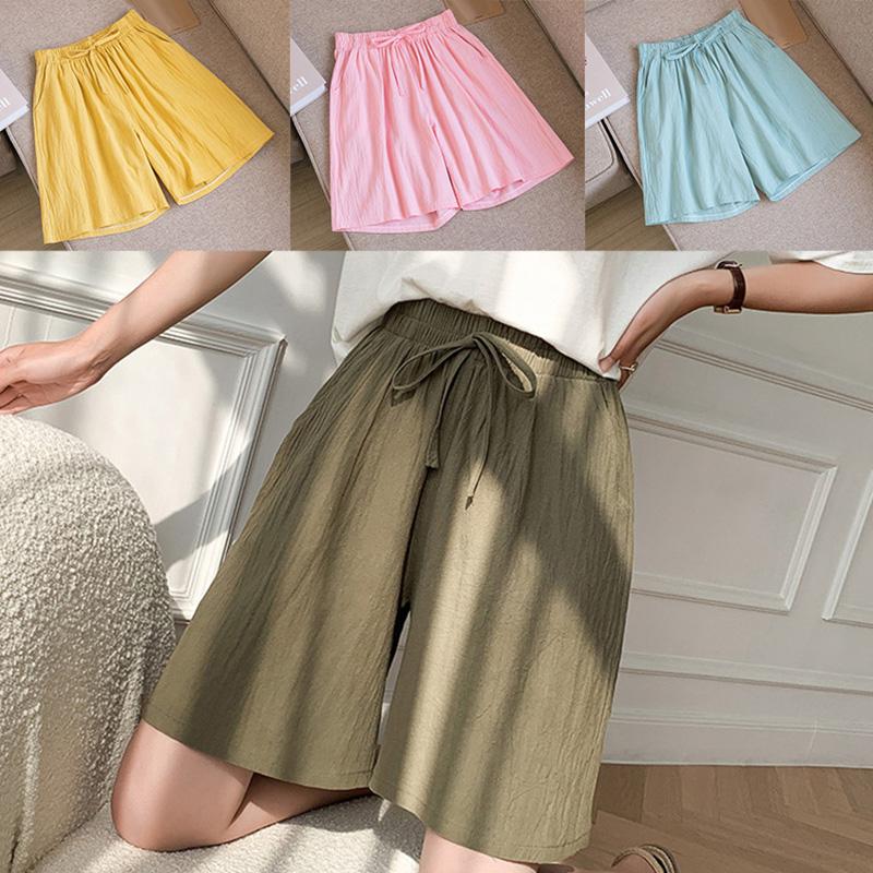 

Women Comfortable Shorts Wide Leg Pants Elastic Waist Drawstring Solid Color Loose Casual