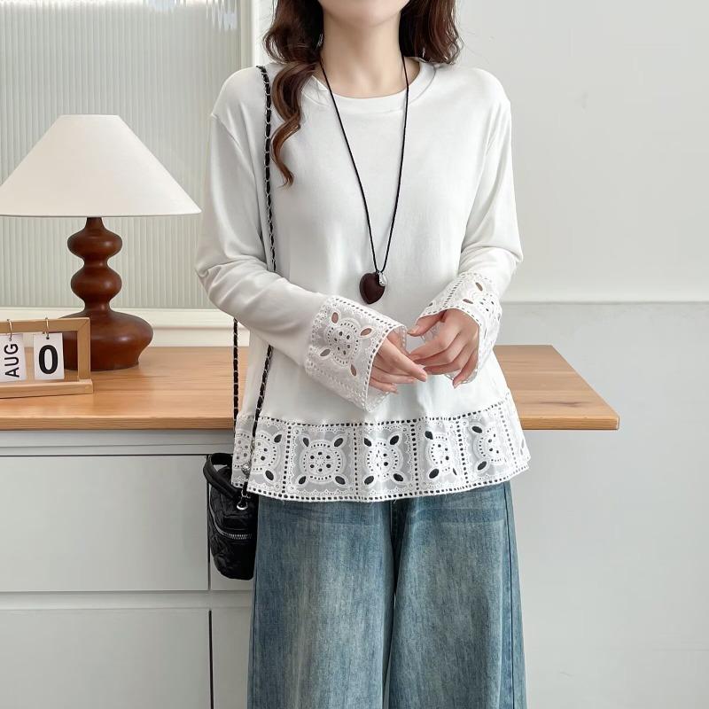 Plus Size Women Lace Splicing Long Sleeve Loose Base T Shirt Top