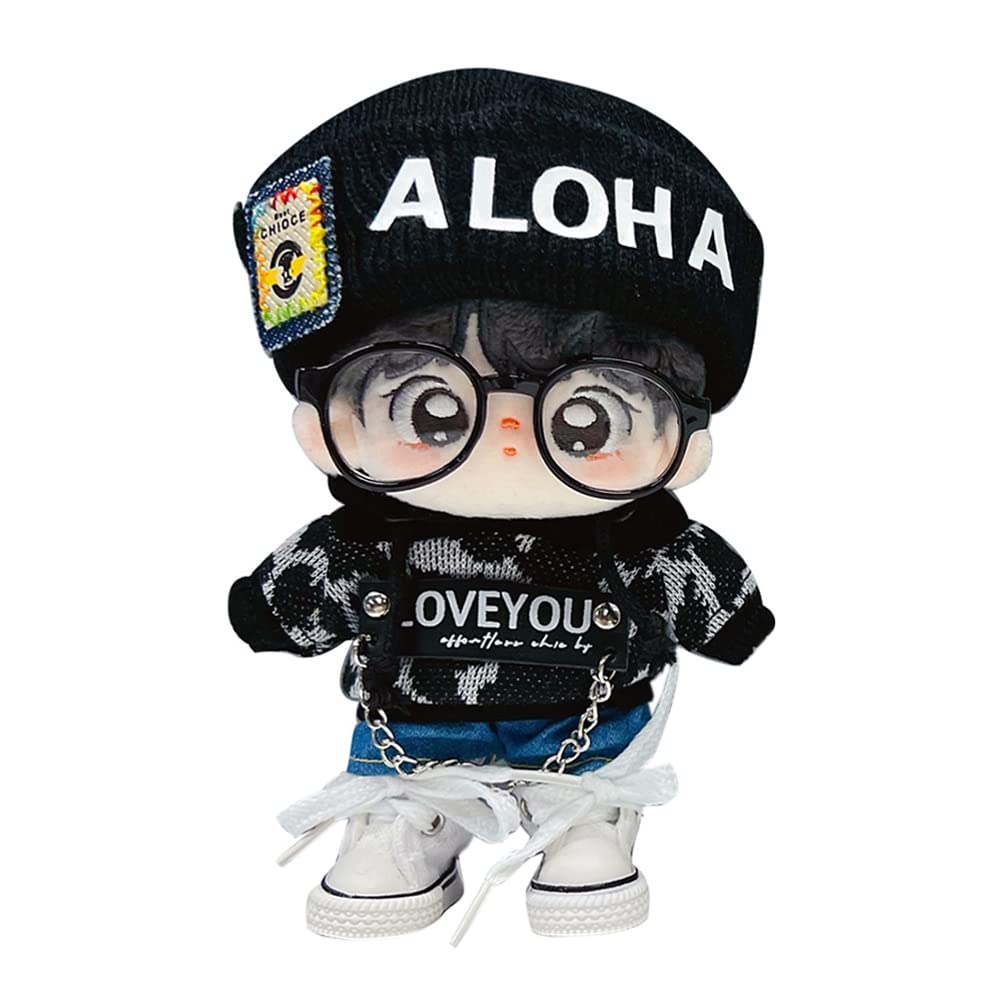 Niannyyhouse 10cm Plush Clothes: Loose Leopard Print Suit, Hat, Hoodie, Shorts, Glasses, Canvas Shoes, and Cotton Doll Accessories (Black+White)