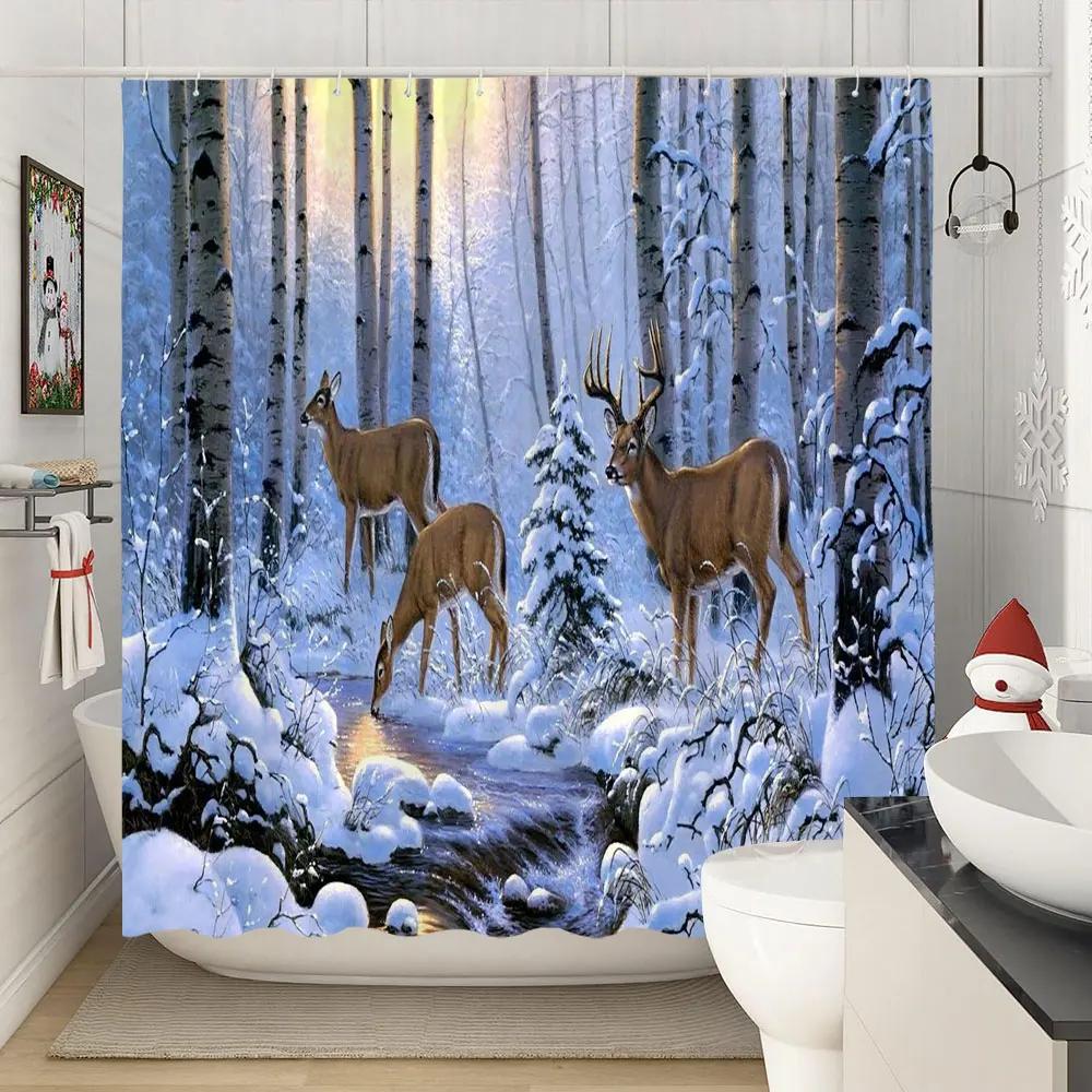 Winter Christmas Shower Curtain Xmas Reindeer Nature Forest Snowy Scenery Farmhouse Bath Curtain Polyester Fabric Bathroom Decor