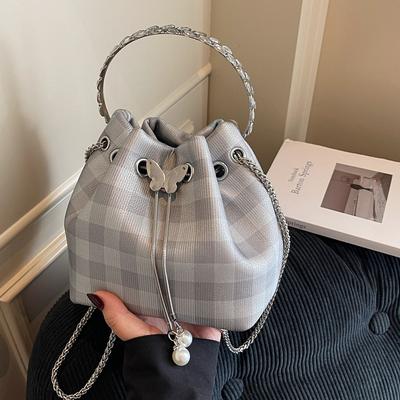 Chain Plaid New Bucket White Trendy Shoulder Bag Small Korean Version Versatile Messenger Bag Ring Hand Bag