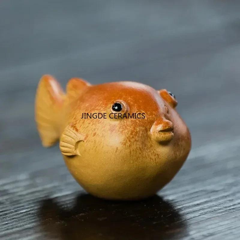 Cute Puffer Fish Statue Ornaments Chinese Yixing Purple Clay Tea Pet Handmade Sculpture Crafts Boutique Tea Set Decoration Art