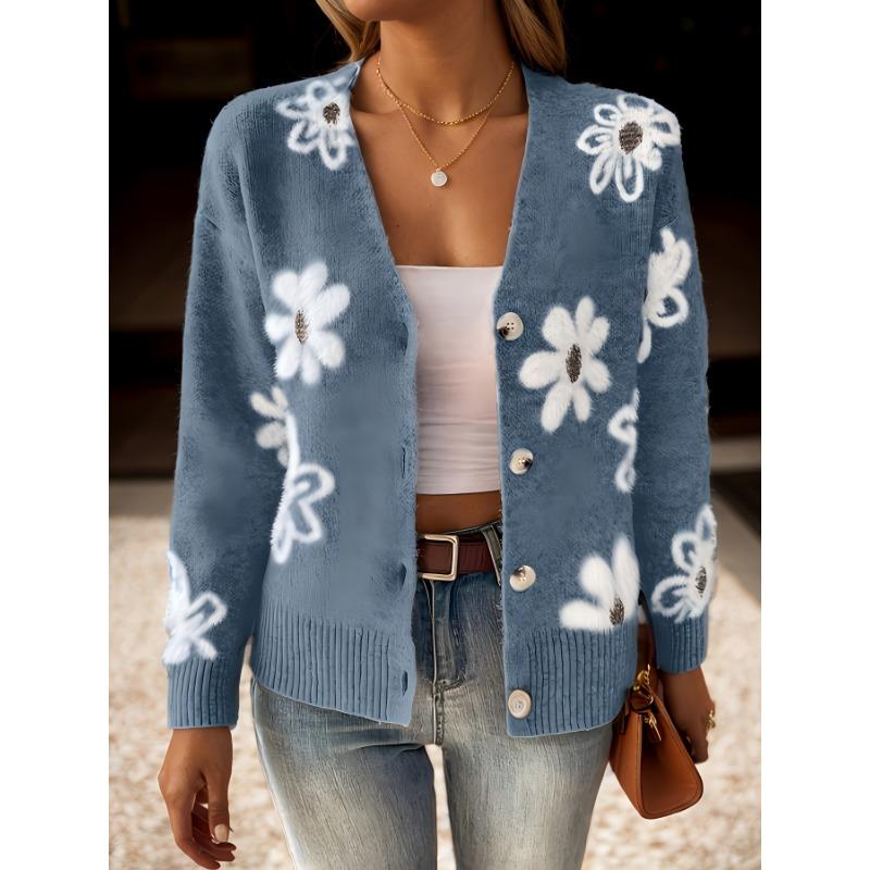 Floral Pattern Button Front Cardigan, Casual V Neck Long Sleeve Cardigan for Fall & Winter, Women's Clothing