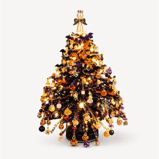 Mini Tabletop DIY Beaded Christmas Tree Craft Kit, Handmade Glass Bead Holiday Decor with Light String