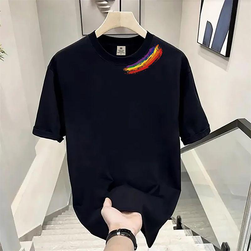 Street Casual Trend All-match Heavyweight Cotton Printing Rainbow Soft Loose Comfort New Style Men's Short Sleeved Summer 2024