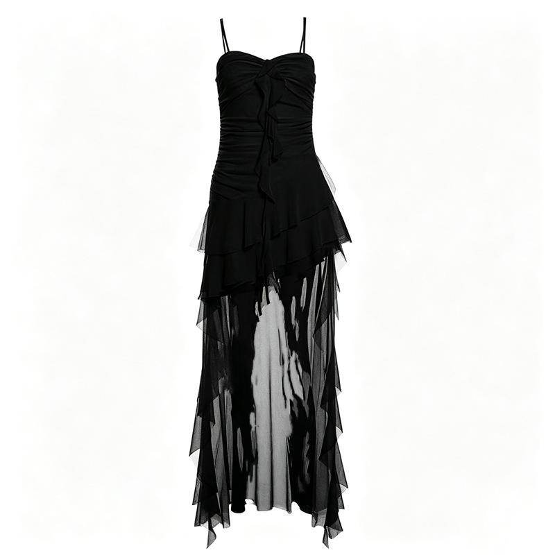 Pure desire wind lotus leaf edge suspender dress women's summer new slim high waist front short rear long irregular dress skirt