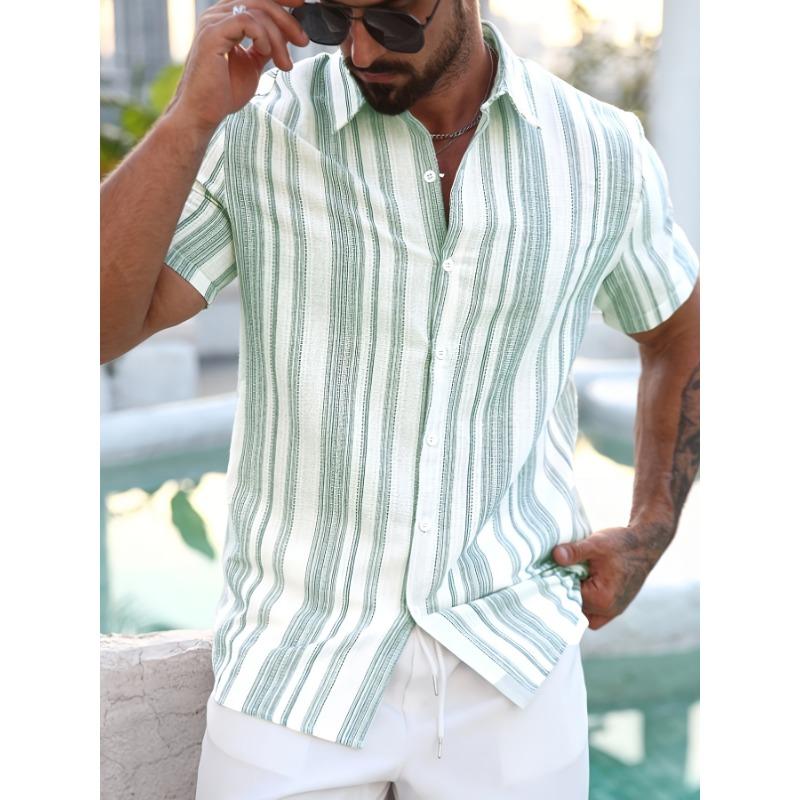 Summer Men's Short Sleeve Shirt: Comfortable Casual Striped Print Travel Vacation Style Top