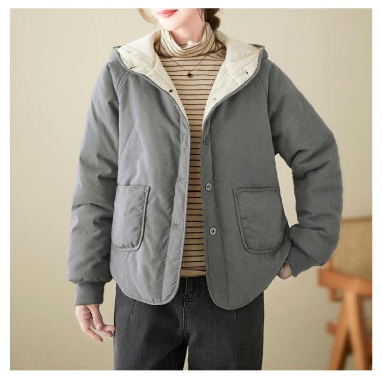 Hooded Windbreaker Jacket Autumn Winter Women Loose Casual Thickened Solid Color Cotton Velvet Coat