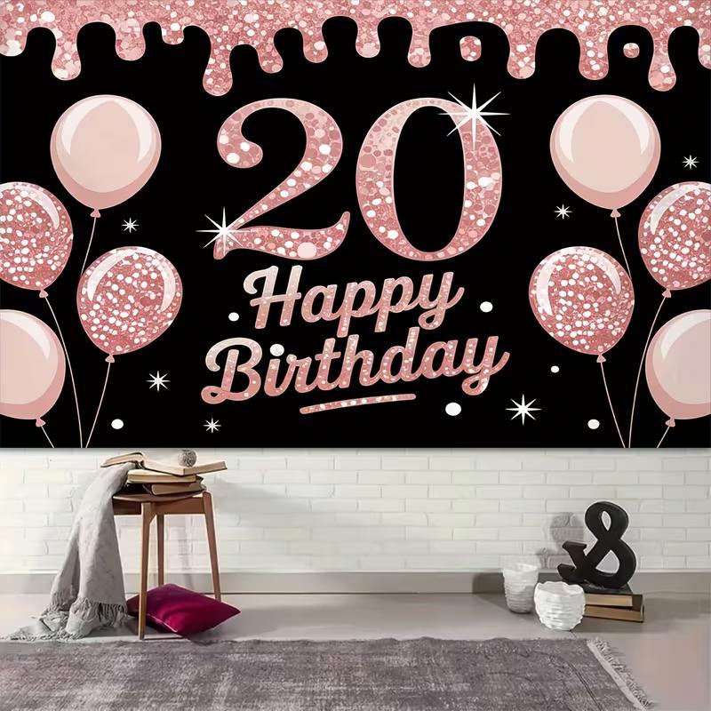 2D 20th Birthday Backdrop for Milestone Celebrations, Rose Gold & Black Themed Parties