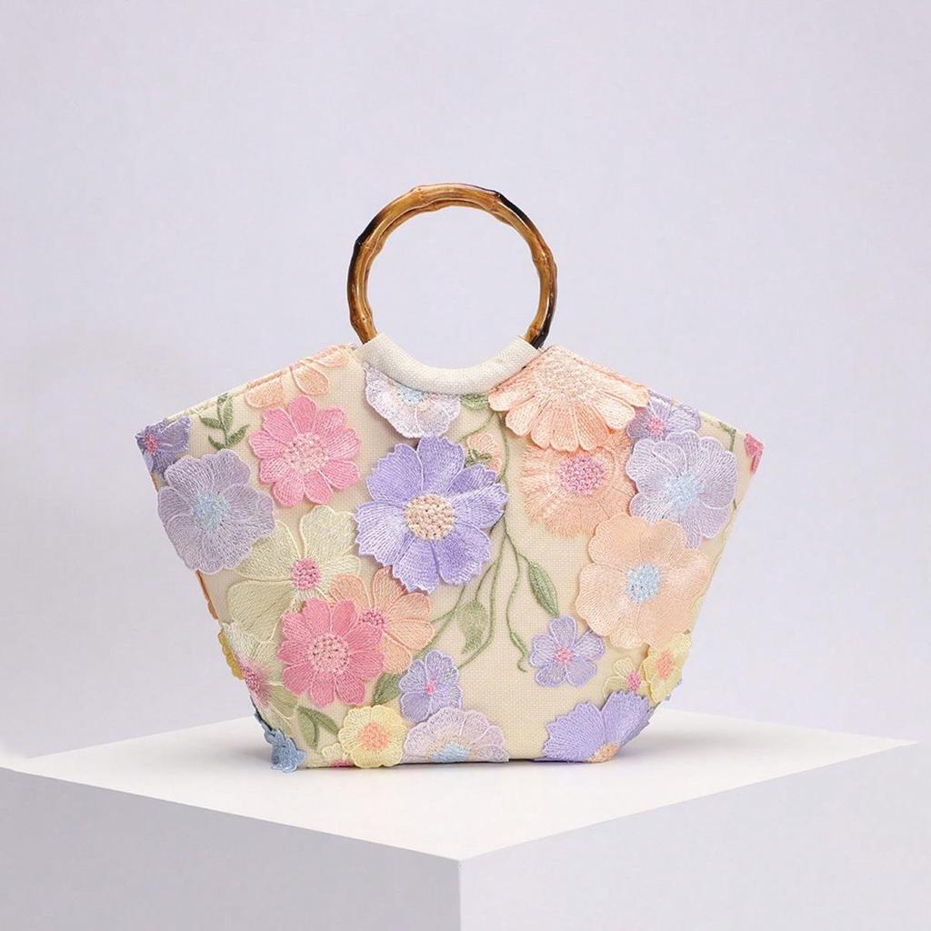 New Chinese Style Bamboo Knot Handbag for Women, New Mesh Embroidery Sequin Decal Holiday Style Tote Bag