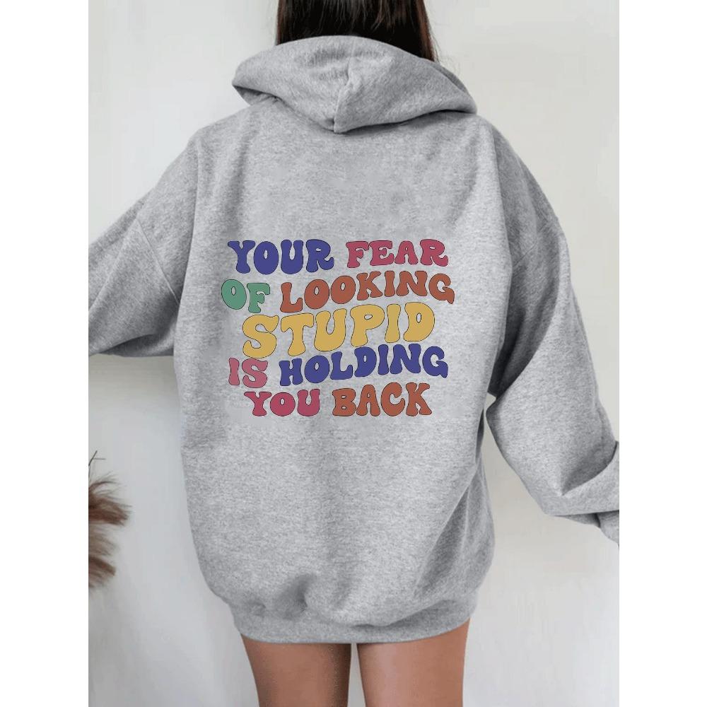 Women'S Shoulder Sleeve Fleece Sweater Plain Letter Print Kangaroo Pocket Drawstring Print Hoodie Clothing