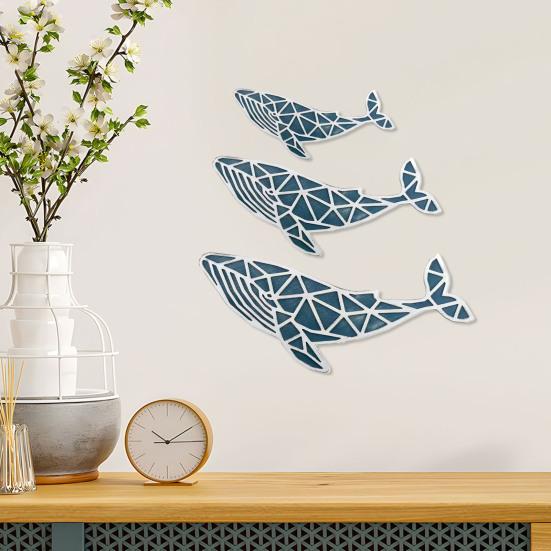 3 Pcs Handcrafted Wooden Nautical Whale Wall Art, Coastal Ocean Fish Hanging Decor, Vintage Whale Wall Ornaments for Living Room Bathroom