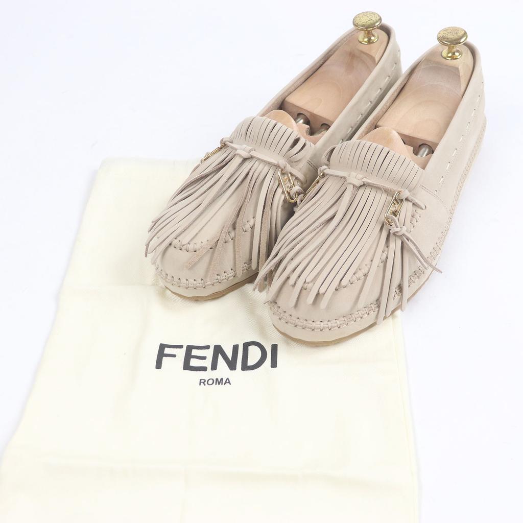 Fendi Loafers Olock FF Logo Gold Metal Fringe Beige Nubuck Leather Mens 7 7P1589 Used