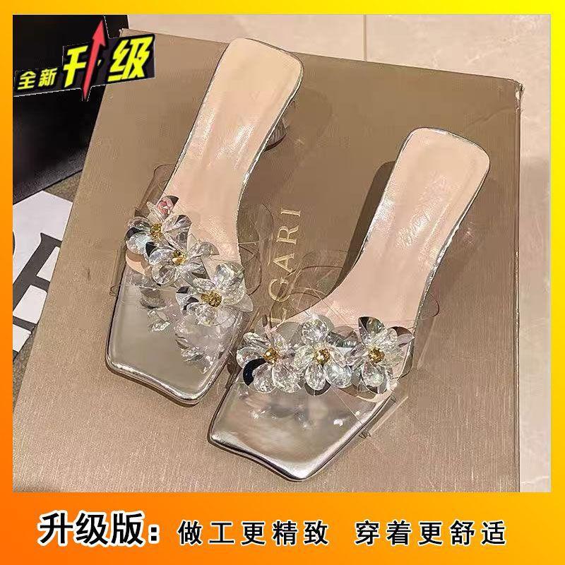 Middle Heel Square Head 2025 Summer New Rhinestone Korean Version Fashion Thick Bottom Casual Transparent Belt Women's Foot Cool Slippers