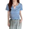 Verão Novo Feminino Pequeno Fresco Decote V Cintura Exposta Seção Curta Malha Vazada Manga Curta Cardigan Camiseta Tops Casuais Essenciais Slim Fit Pullovers Camisetas