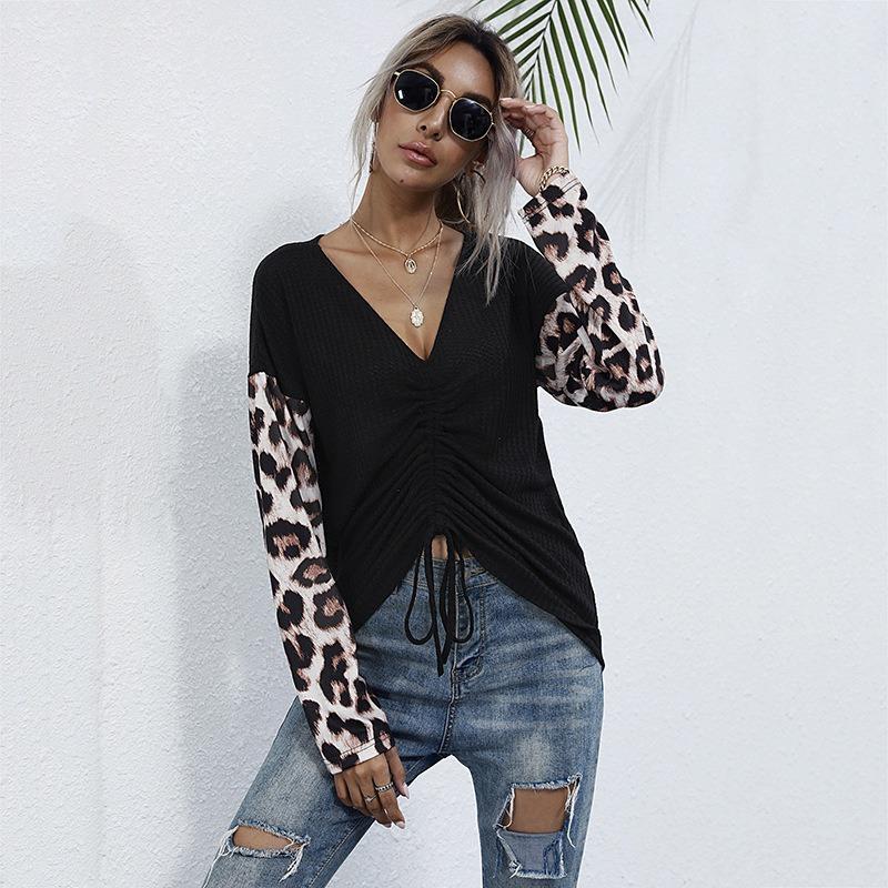V-neck Color Blocked Leopard Print Long Sleeved T-shirt for Women Casual Top Drawstring Design Commuter Pullover Base Shirt Autumn