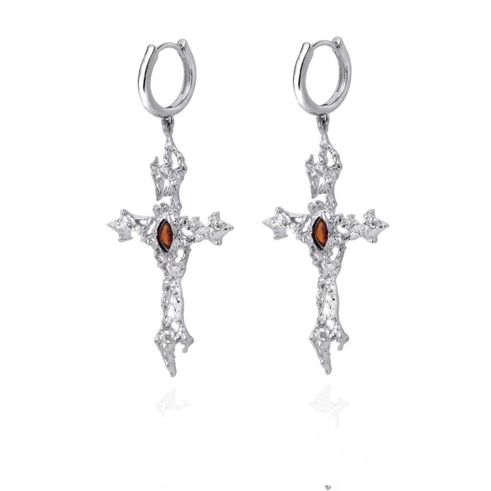 Unique Zircon Irregular Cross Piercing Earrings Vintage Dark Gothic Punk Style Jewelry Gift for Unisex