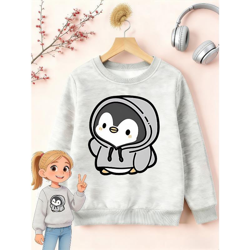 Kids Sweatshirt Print Round-Neck Sweatshirt Featuring a Cute Penguin Cartoon Design , Perfect for Everyday Casual Wear And Versatile Fashion