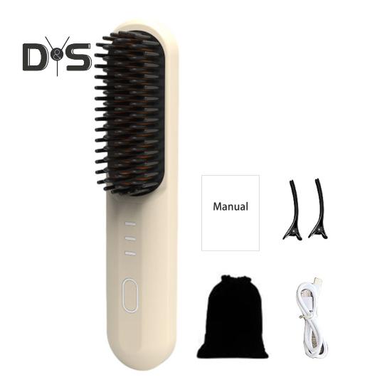 

Беспроводная щетка-выпрямитель для волос 3 температуры Быстрый нагрев Перезаряжаемая от USB Дорожная портативная горячая щетка Электрическая пушистая укладка вьющихся волос Распутывание волос бежевый