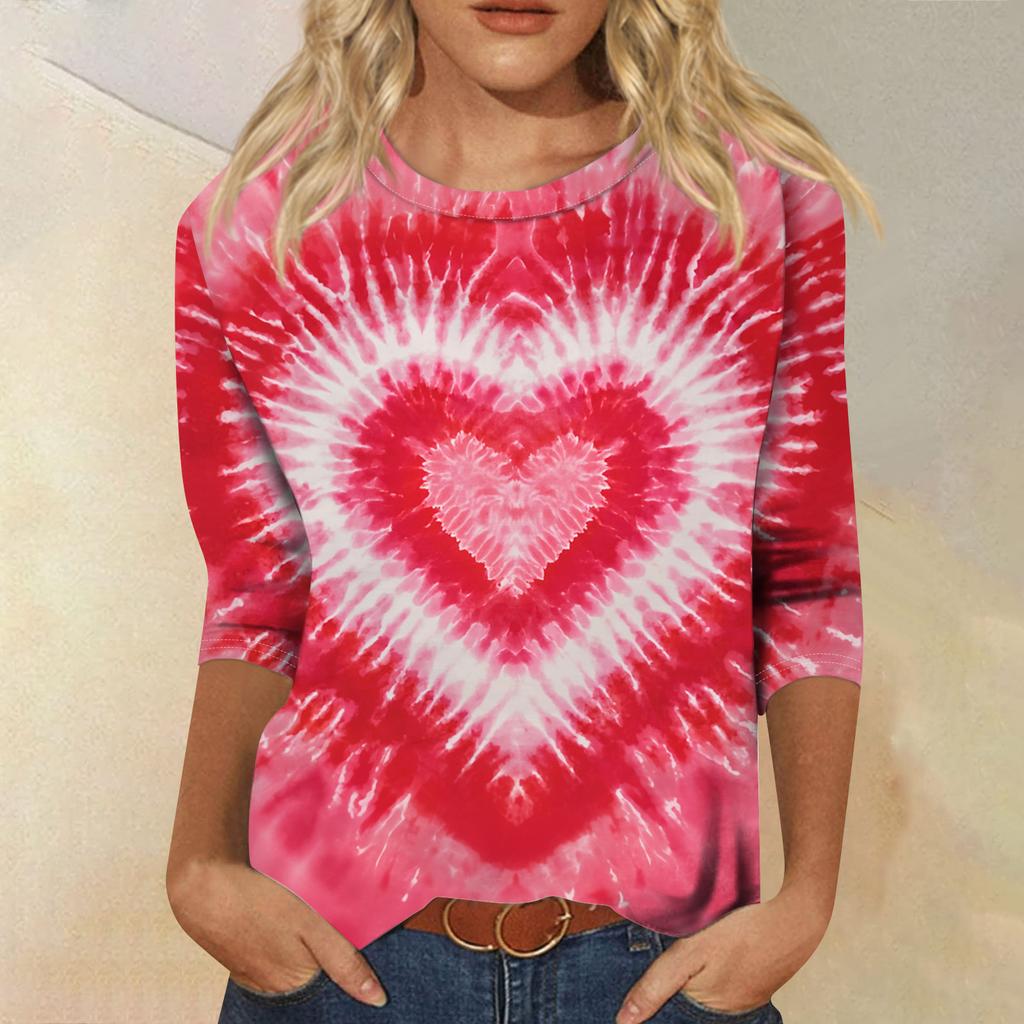 Damen Modisches Lässiges Dreiviertelarm Valentinstag-Druck Rundhals Pullover-Oberteil