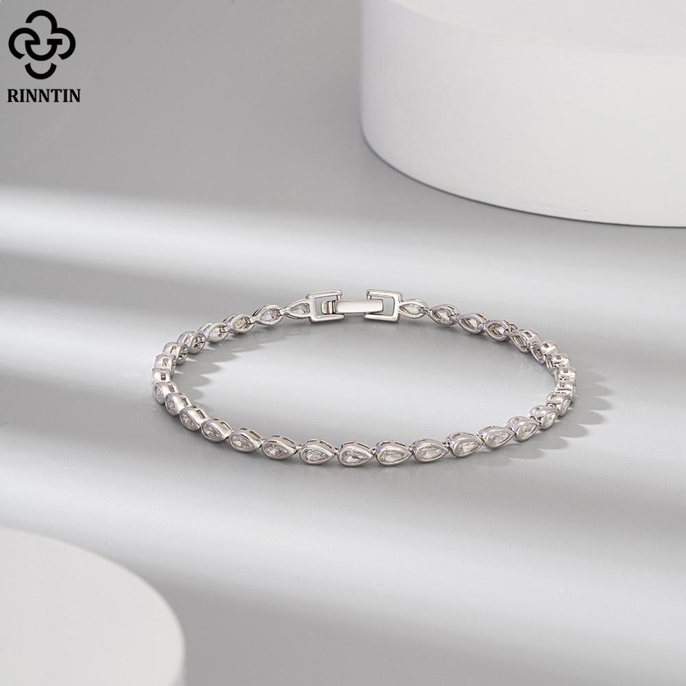 Rinntin Glänzendes Tennisarmband 925er Silber Birnenschliff 2*4mm Zirkonia Bazel-Fassung Luxuriöse Hochzeits-Kettenarmband Schmuck SB154