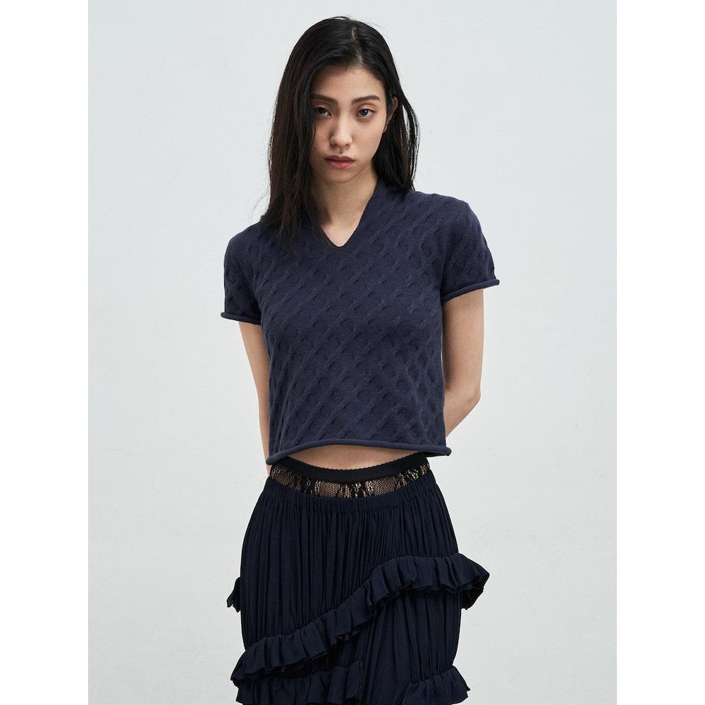 Anggae Cable Slit Neck Shortsleeve Pullover Navy