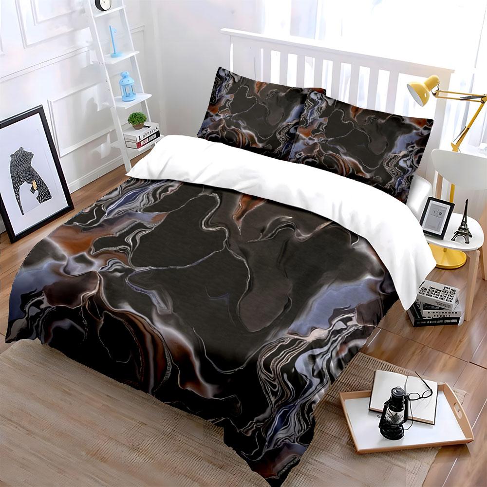 3Pcs Luxury Gold Trim Marble Bedding Set, Brown Grey Fluid Art Print Duvet Cover Set, Single Double King Queen, Gift