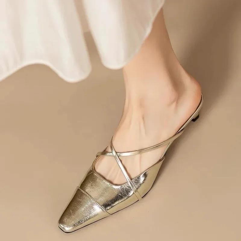 Fashion 2025Women Summer New Thick Heel Middle Heel   High End  Silver  Half Slippers