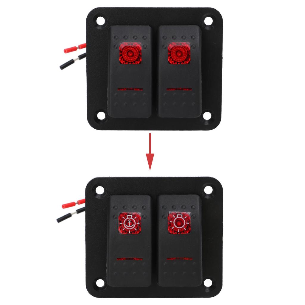 Rocker Switch Panel 2 Gang On Off Pre Wired Red LED 12V 24V 20A 10A with Marine Vehicle Labels