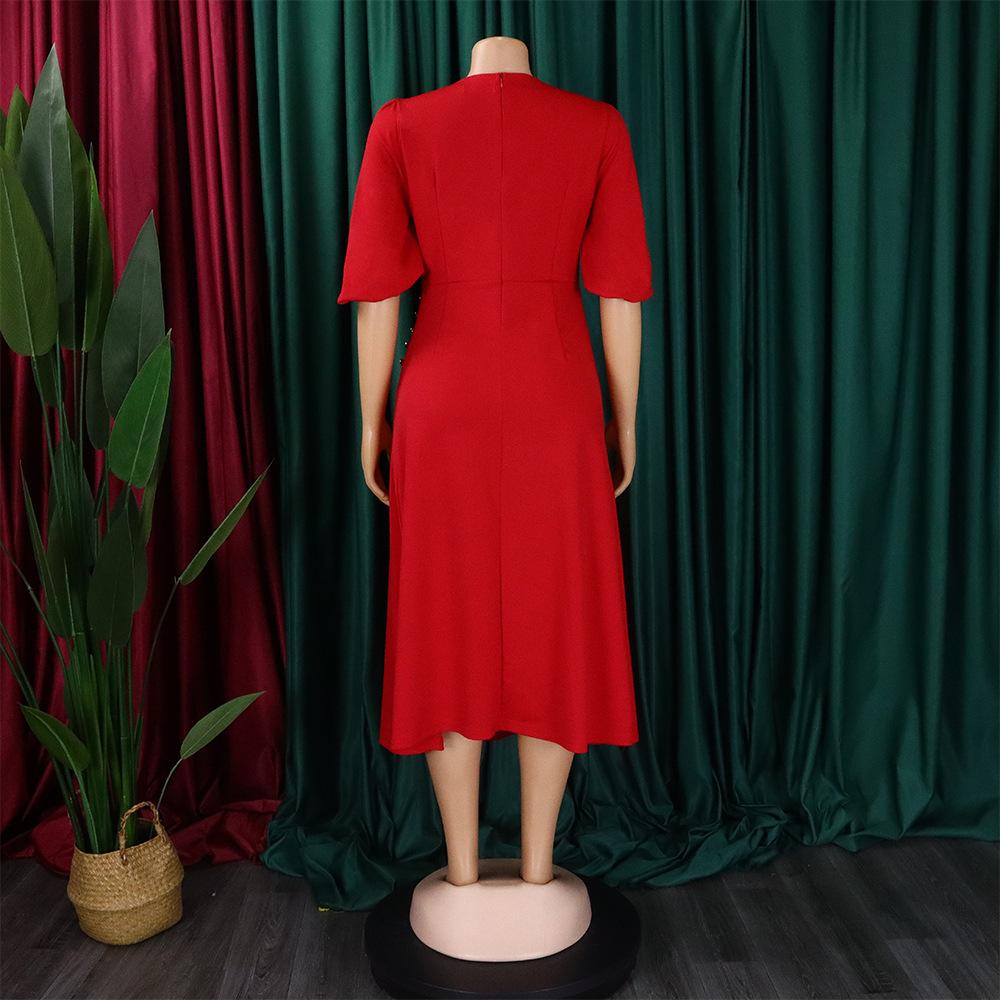 Women's Fashion Summer Spring Solid Color Print Short Sleeve O-Neck High Waist Casual Dresses