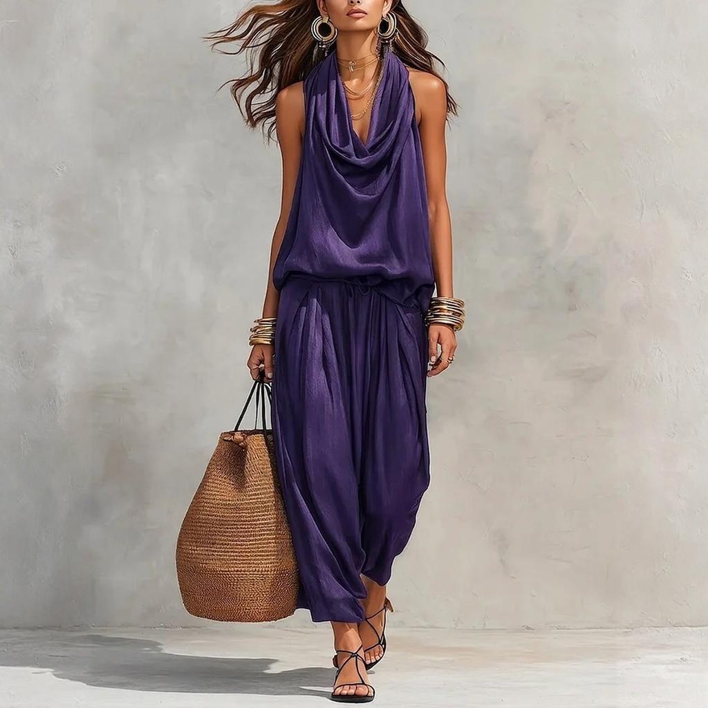 Women's Two Piece Set Draped Neck Sleeveless Top and Casual Loose Fit Pants Summer Outfit Soft Fabric Comfortable Fit