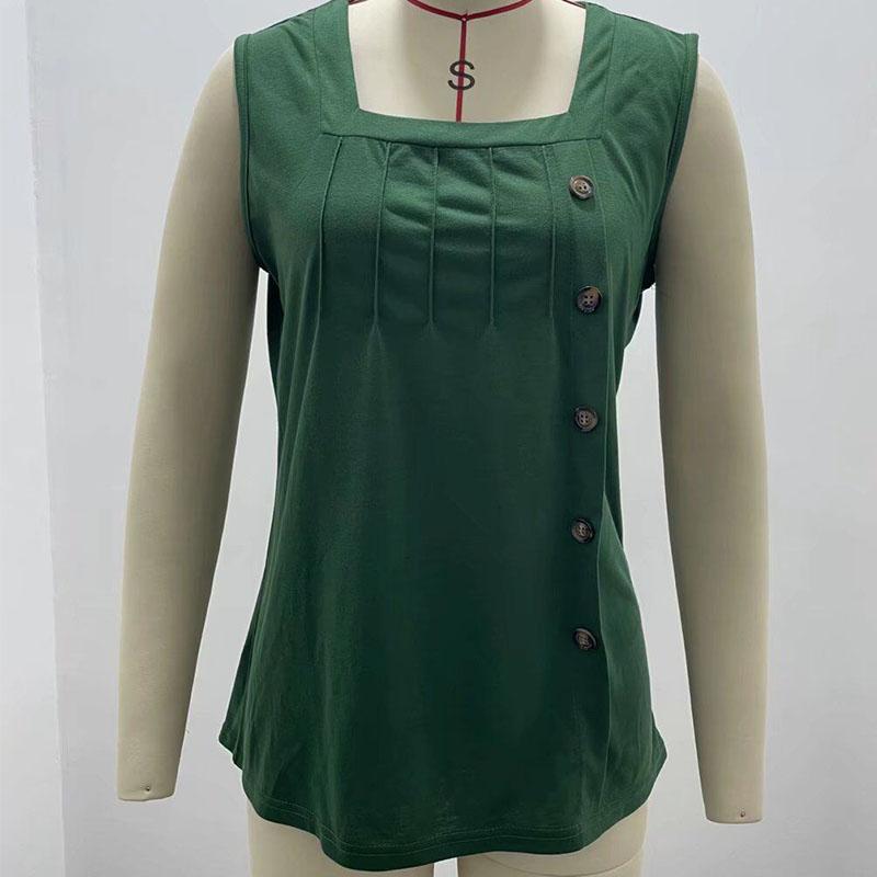 Regatas femininas de verão plissadas gola quadrada sem mangas botão colete