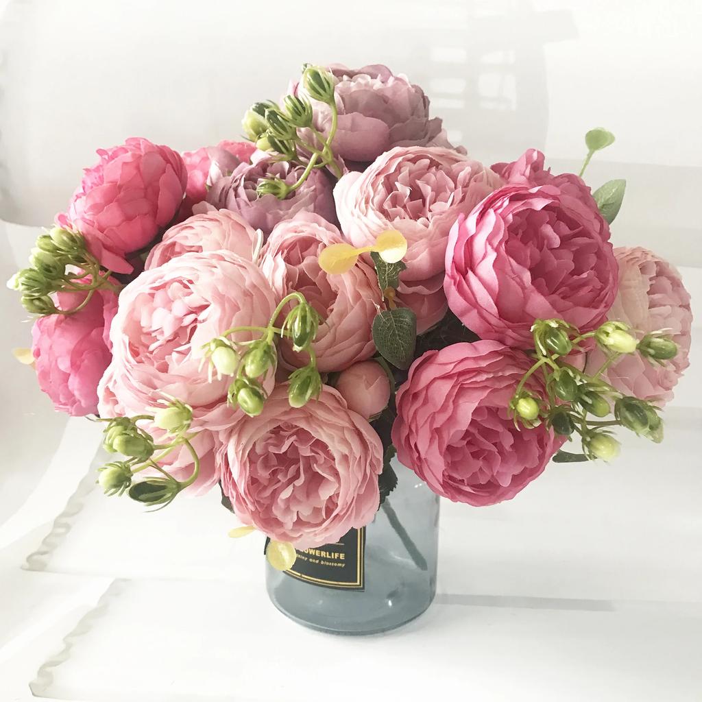 30cm Rose Pink Silk Peony Artificial Flowers Bouquet 5 Big Head and 4 Bud Cheap Fake Flowers for Home Wedding Decoration Indoor KTY