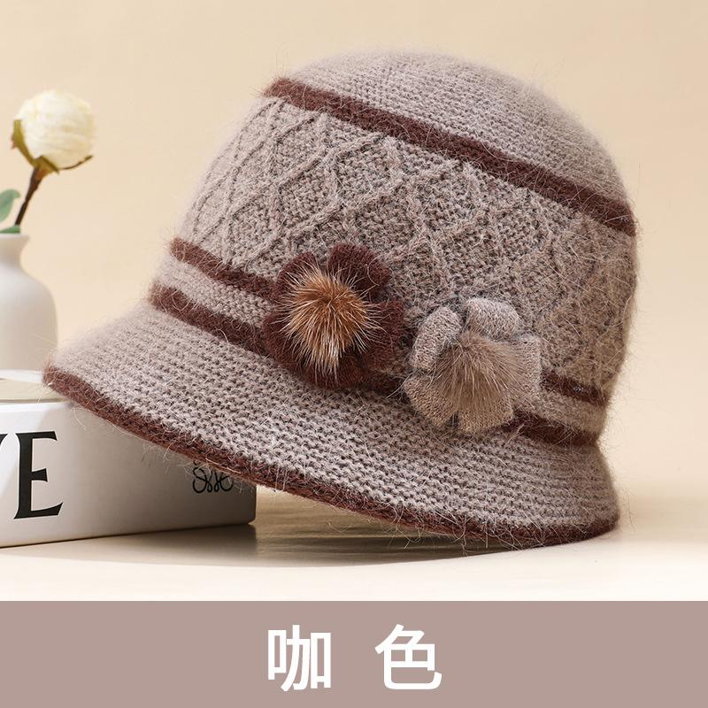 Middle-aged and old knitted hats, children's autumn and winter new rabbit fur basin hats, fashionable mother hats, plush warm wool hats