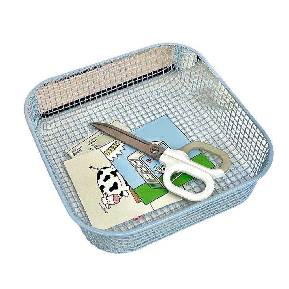 

Rust-proof Desktop Storage Basket Space Saving Mesh Wire Counter Tray Desktop Iron Basket Office Blue-Square