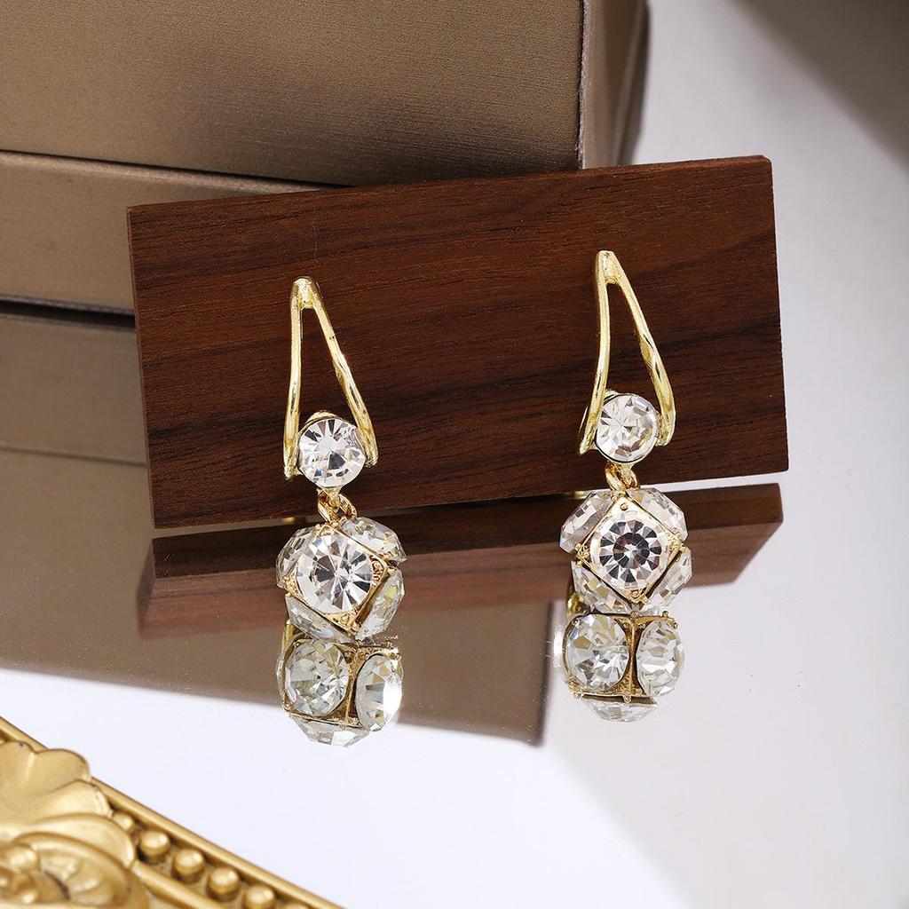 Korean-Style Luxury Geometric Diamond Earrings - Silver Needle Design for Women