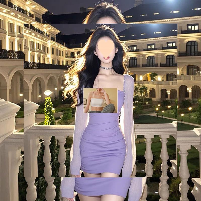 

Niche Korean Square Neck Mesh Purple Long Sleeve Dress - 2025 Women s Style, Waist-cinching, Hip-hugging Skirt. S