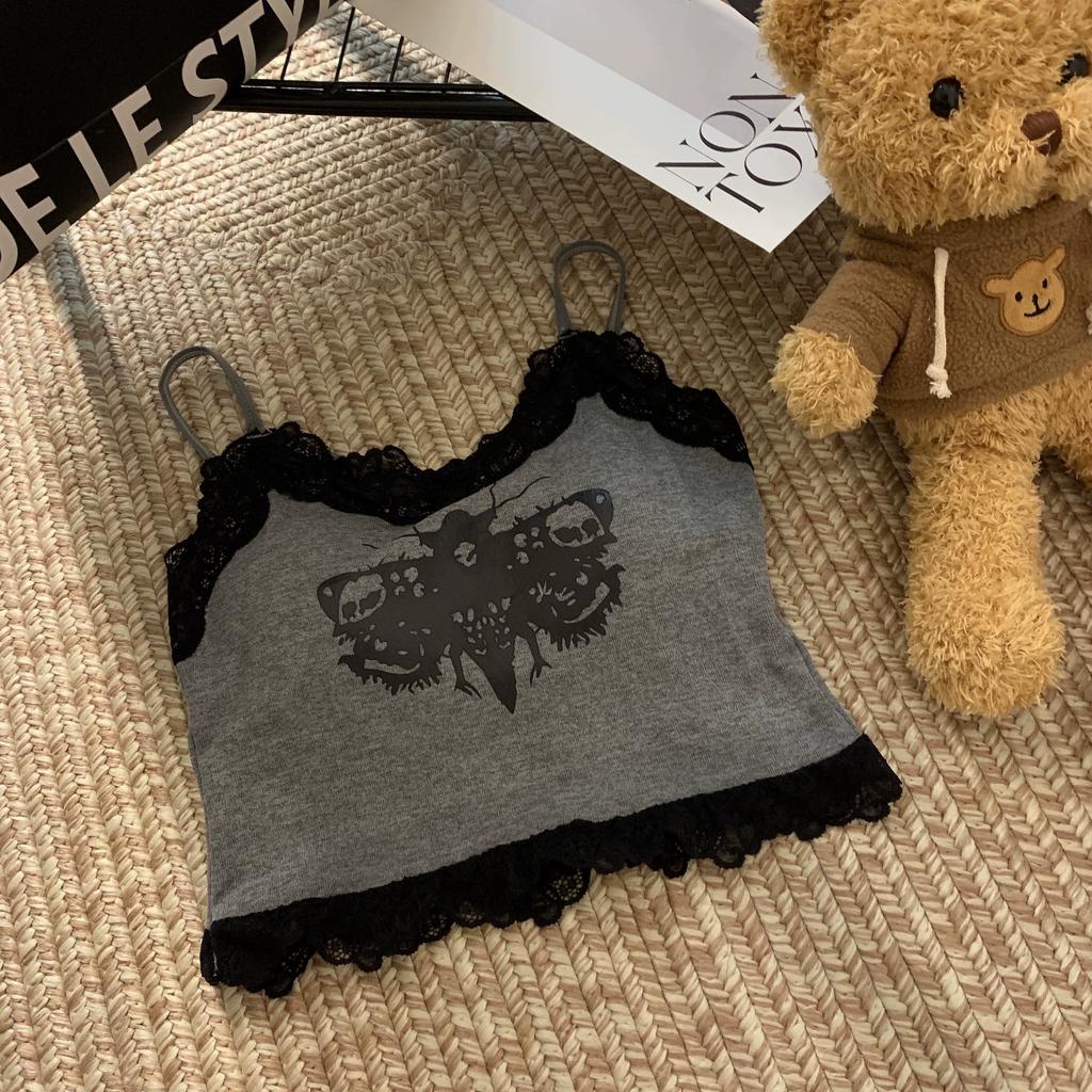 Summer Women Lace With Chest Pads Sling Tops Female Straps Tank Tops Harajuku Streetwear Camisole Sexy Butterfly Printed Crop Tops