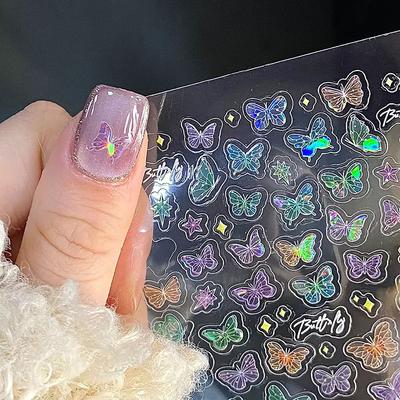 Modische, zarte Schmetterlingsflügel-Streamer-Laseraufkleber, erweiterte geprägte Nagelkunstaufkleber, bunte Schmetterlingsfeenaufkleber
