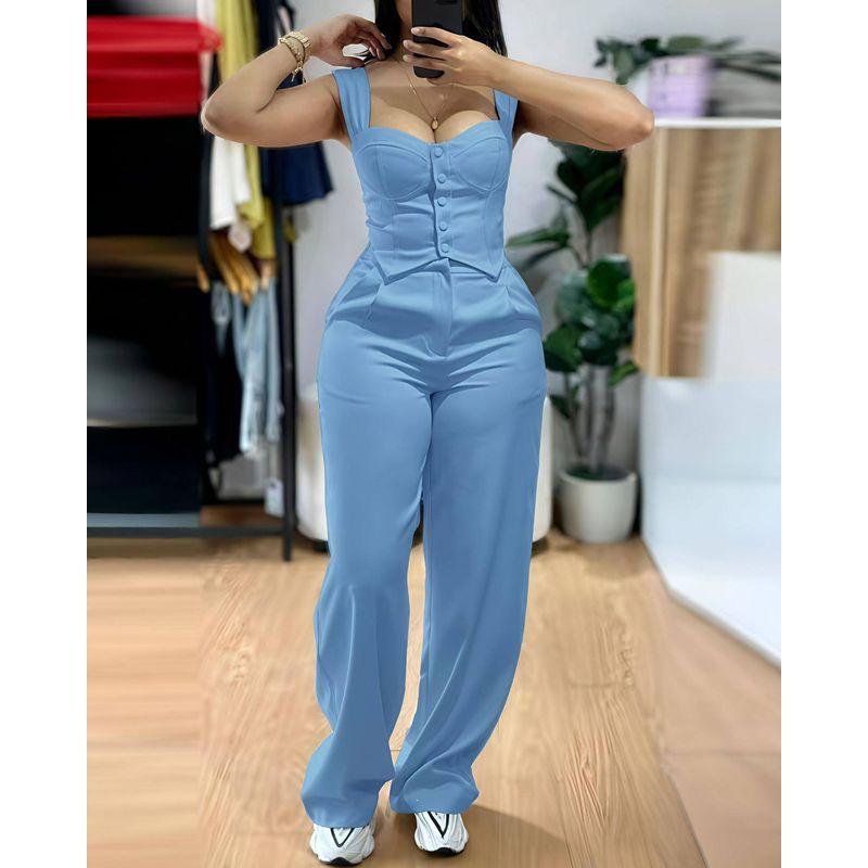 

Cross-Border Women s Fashion European and American Style Solid Color Casual Strapless Tight-Fitting Set High-Waisted Wide-Leg Pants Set Sky Blue S