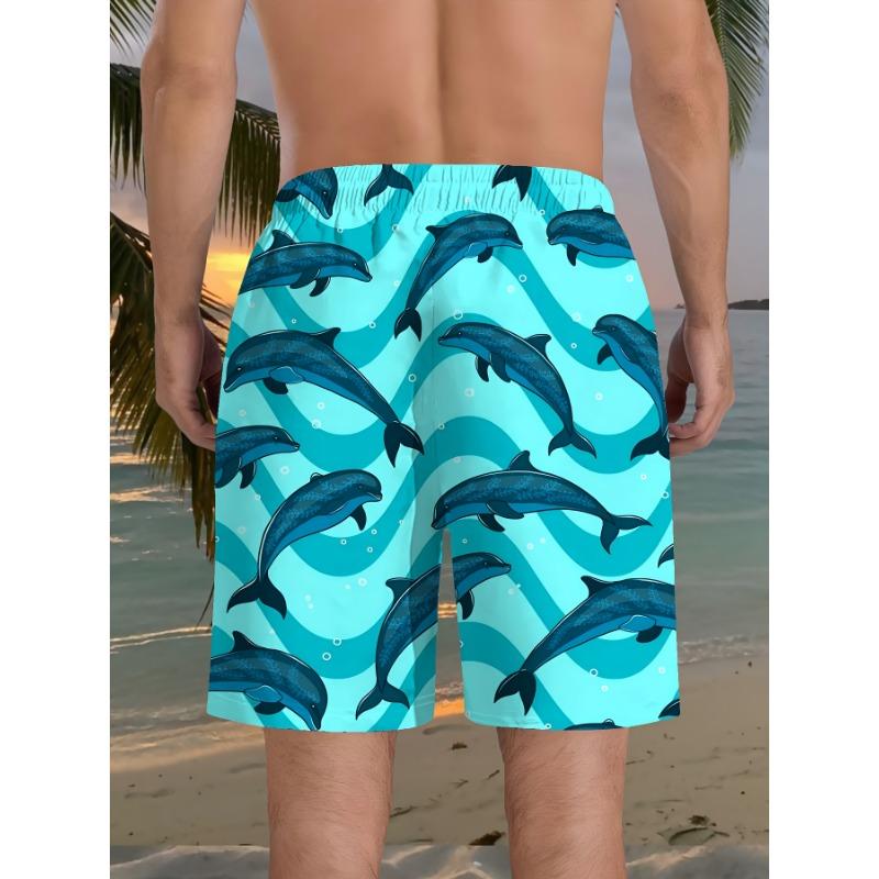 Men s 3D Dolphin Print Beach Shorts - Lightweight polyester drawstring waist casual swim shorts perfect for summer S