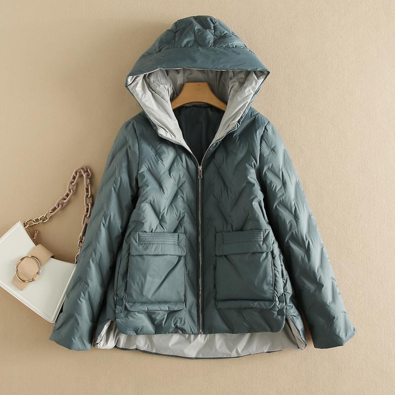 Winter new women's clothing contrasting colors and thin short hooded down jacket warm jacket white duck down front short and back long