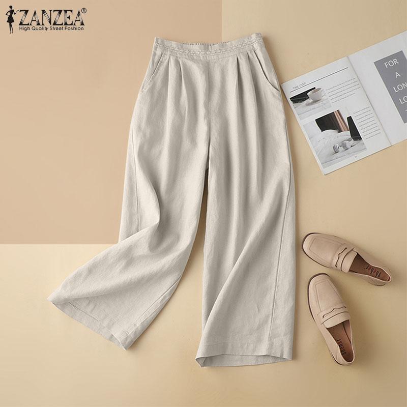 

ZANZEA Женщины Повседневная эластичная талия хлопок широкие брюки для ног
