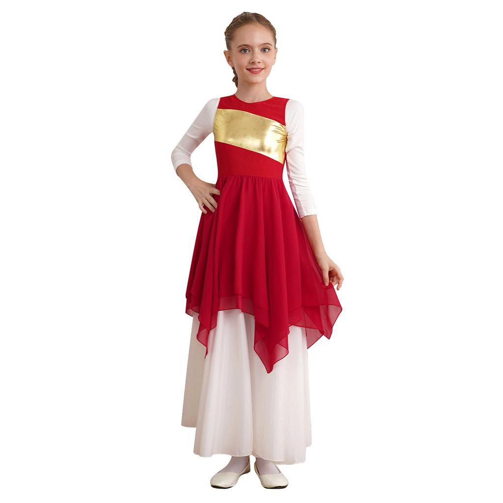 Girls Lyrical Dance Dress Color Block Sleeveless Asymmetric Hem Worship Celebration Costume