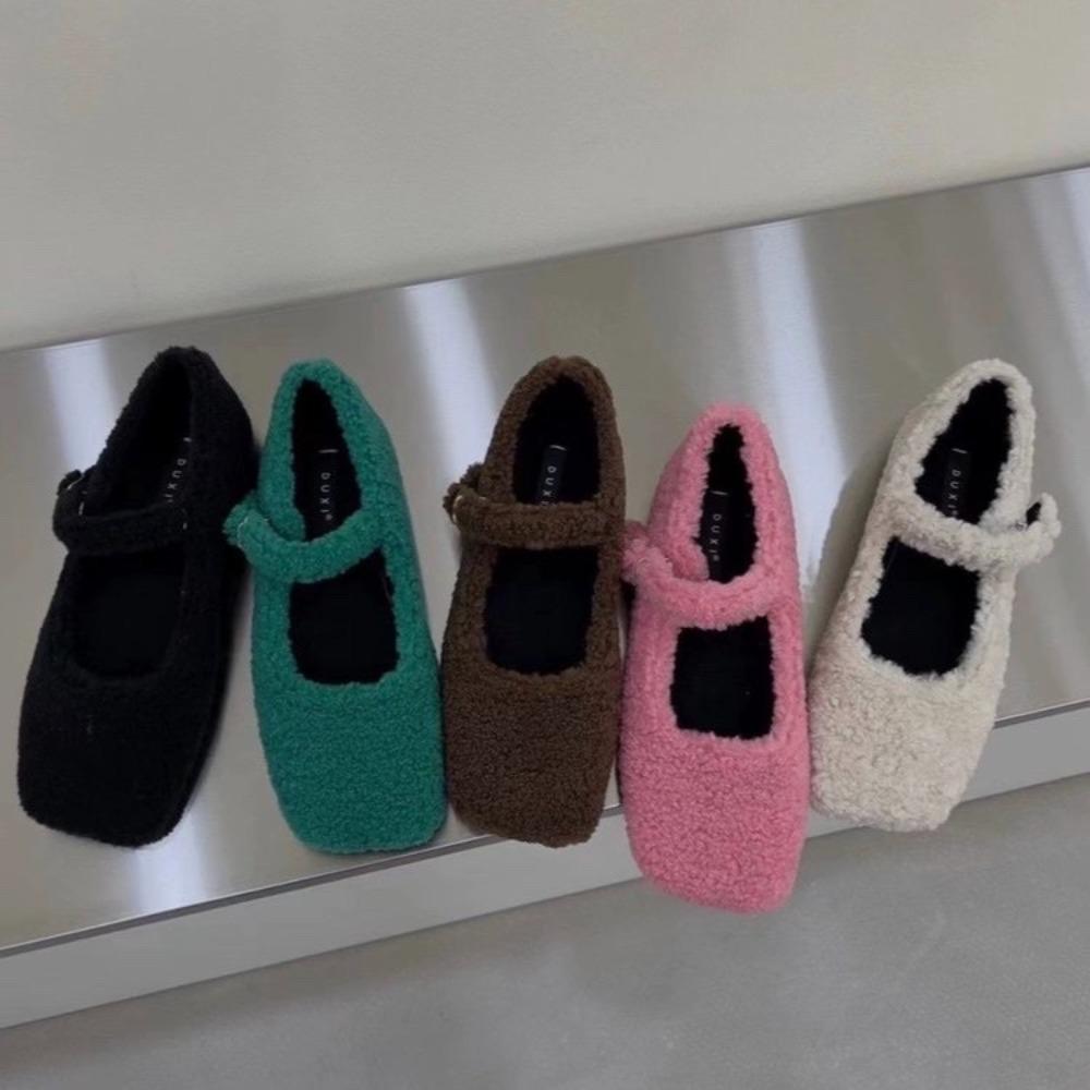 Designer Fashion Square Toe Fleece Flet Ballet Flats Woman Winter Warm Wool Mary Jane Shoes Ladies Brand Elegant Plush Loafers