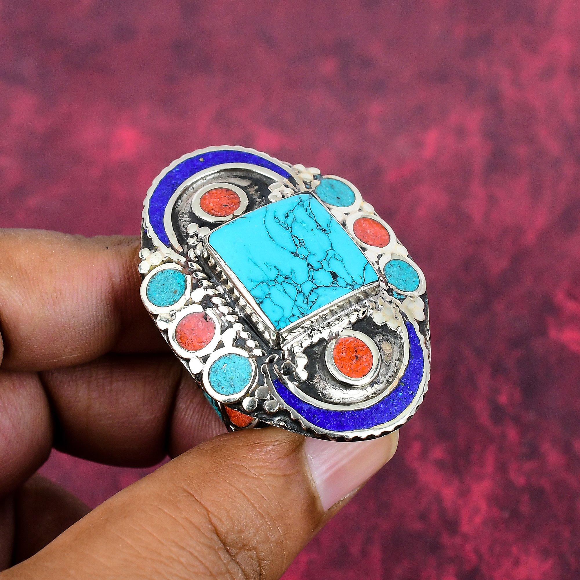 

Бирюзовый, Коралл и Ляпис Лазурит Стерлинговое Серебро Непальское Кольцо, Ювелирные Изделия с Драгоценными Камнями Ручной Работы, Подарки для Жены Новое Регулируемое Кольцо