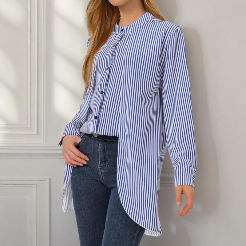 Women's Striped Fake Two-piece Round Neck Long Sleeved Shirt Suitable for All Seasons Casual Shirt