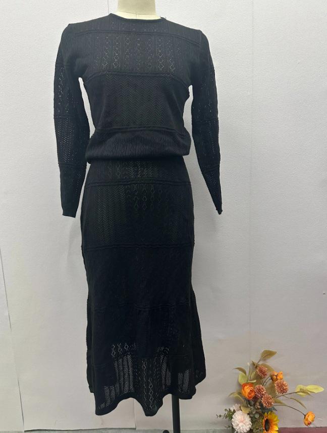 2024 Fall Slim Fit Solid Color Round Neck Long Sleeve High Waist Swing Skirt Set for Women