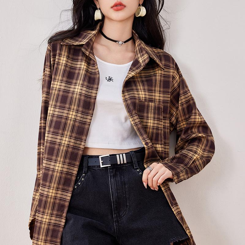 Camicia Top Casual Retro a Quadri Manica Lunga Autunno Inverno da Donna