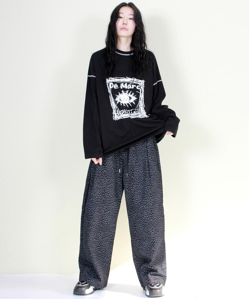 Deumakeu Side Single-Pleat Leopard Real Wide Pants Black